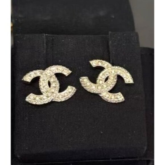 Chanel Gold-Tone Crystal CC Logo Stud Earrings Jewelry Made In France - Picture 3 of 5